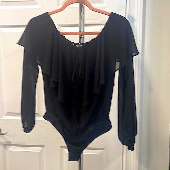 LPA x Revolve ruffle front bodysuit. Size: XS. Color: black. - Picture 2 of 4